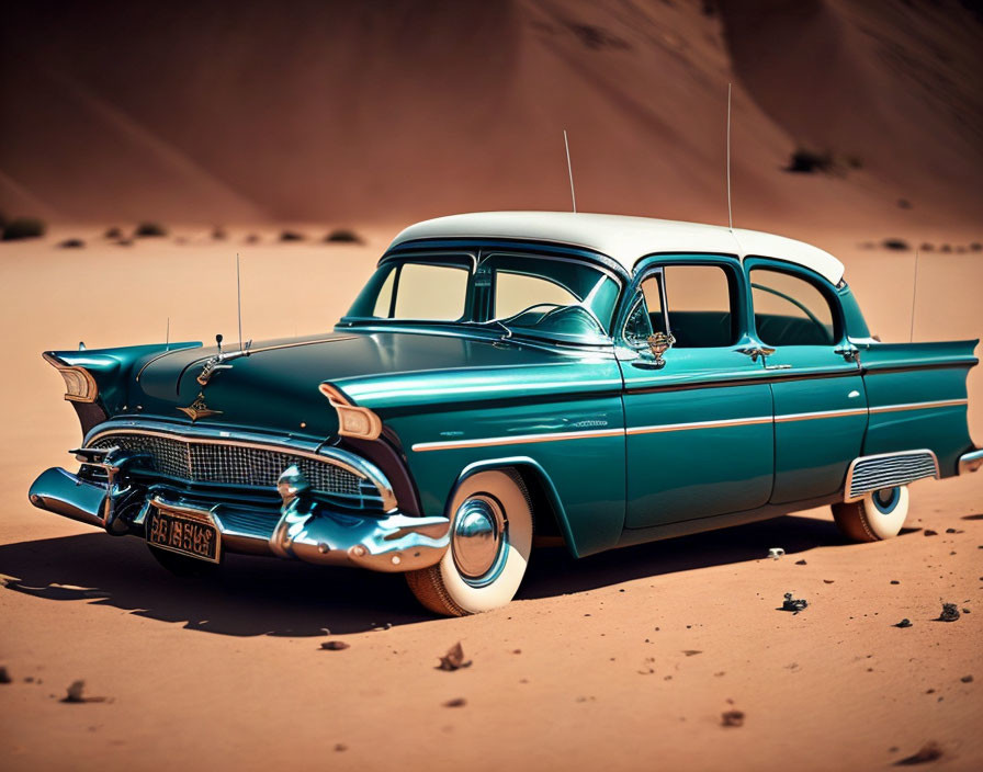 Classic Teal Car with Chrome Details in Desert Setting