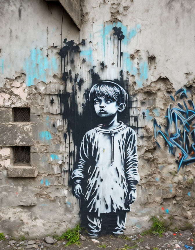 Monochrome street art of child with paint drips on worn wall