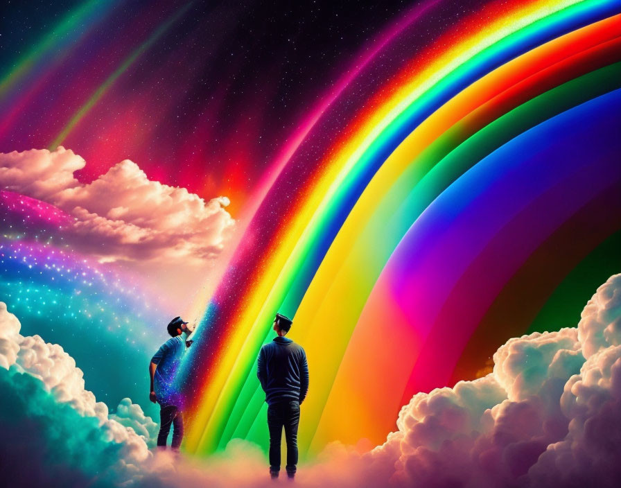 Two people admire vibrant rainbow amidst cosmic effects