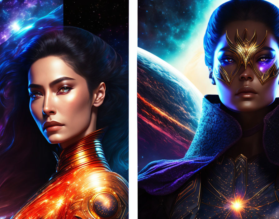 Stylized portraits of a woman with futuristic golden facial armor in fiery orange and cosmic blue backgrounds.