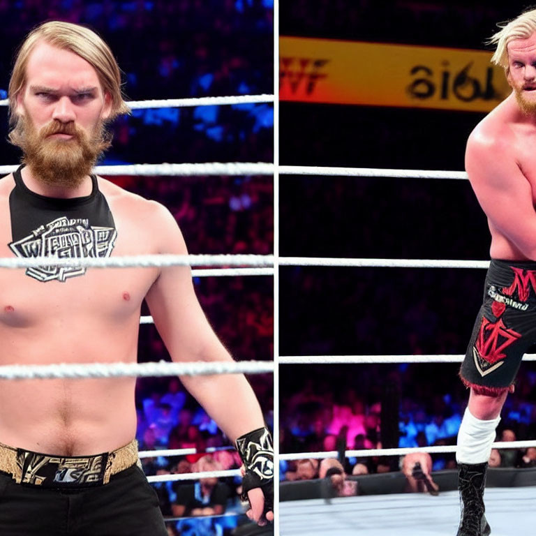 Bearded wrestler with long blonde hair in black and red attire in a ring