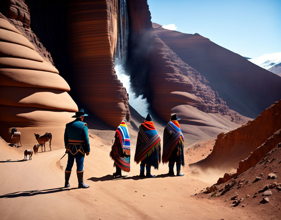 Traditional Attire Individuals by Sand Dune with Camel