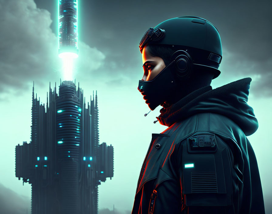 Futuristic helmeted person gazes at towering structure emitting bright beam in dystopian setting