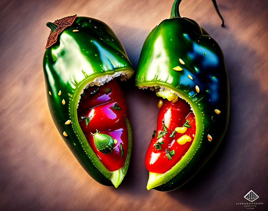 Halved Jalapeño Peppers with Tomato and Corn on Wooden Background