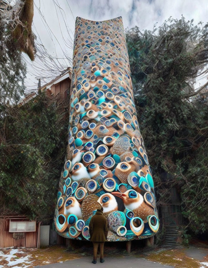 Unique tall building with colorful circular patterns in wintry setting