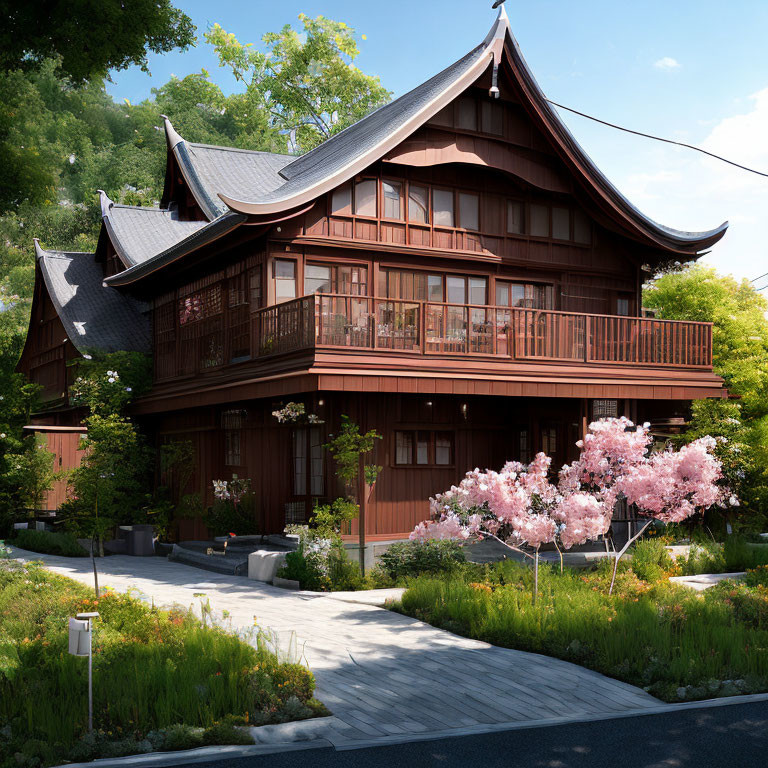 Traditional Japanese-style House with Wooden Facade, Tile Roof, Balcony, Trees, and Cherry