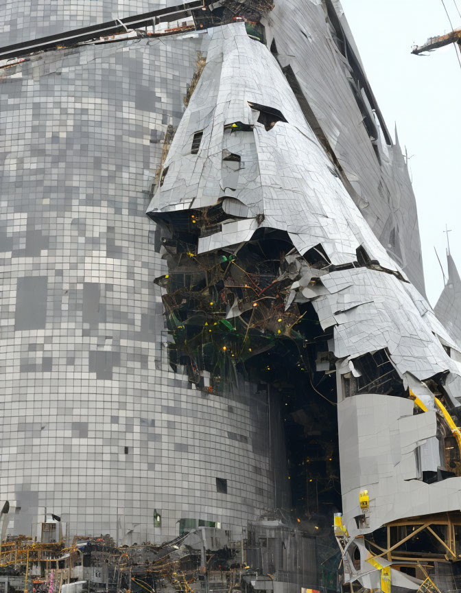 Unfinished modern building with exposed silver insulation layers