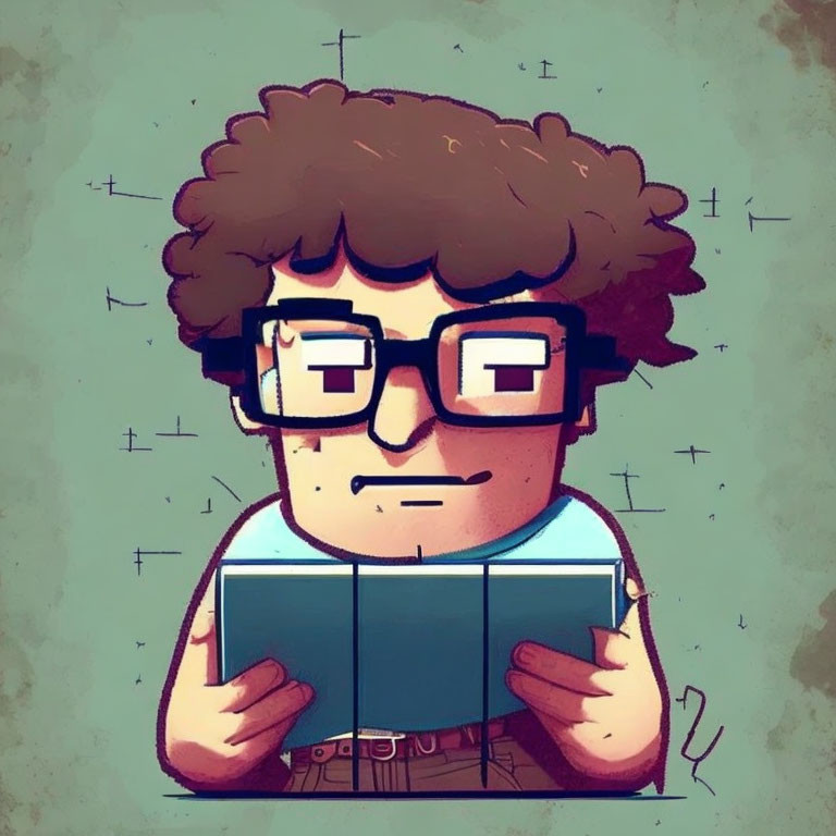 Curly-Haired Individual Reading Book with Glasses in Cartoon Form