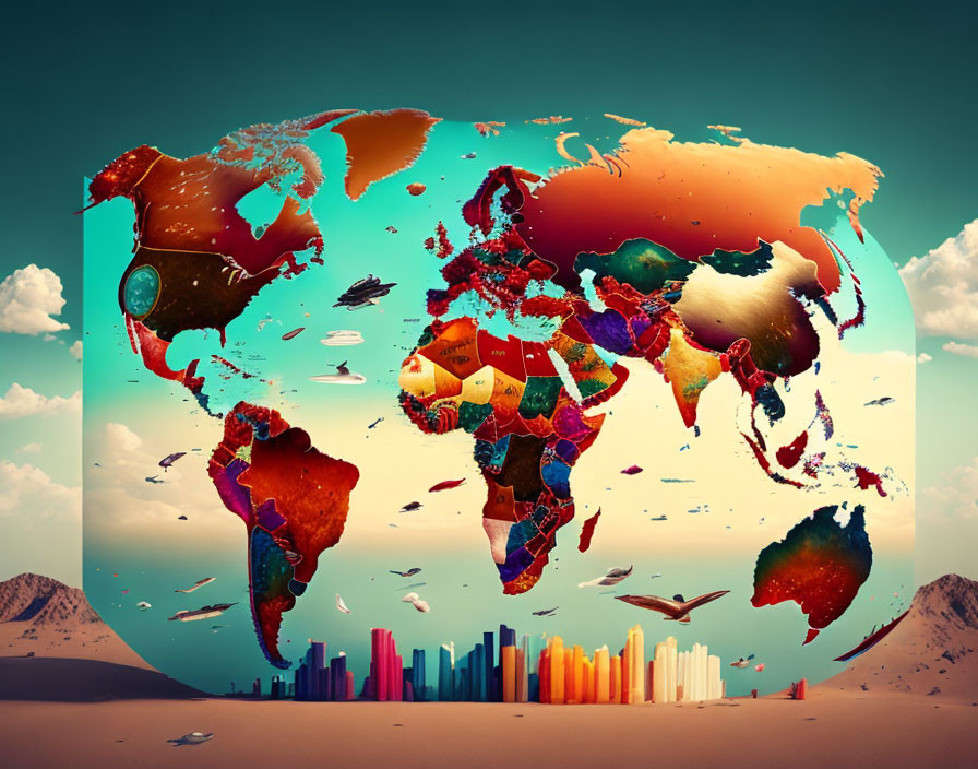 Colorful surreal Earth continents floating over city skyline and desert with melting edges and flying birds.