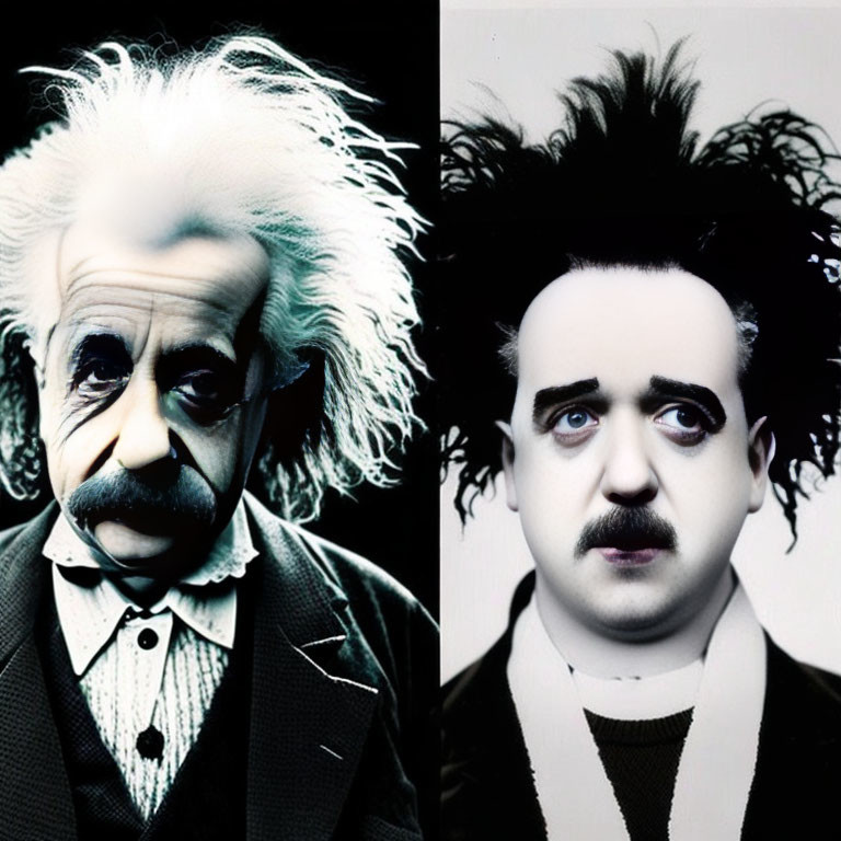 Split Image: Albert Einstein & Chaplin Lookalike with Messy Hair