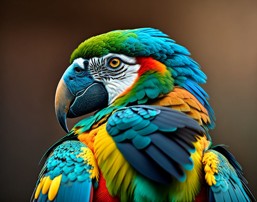 Colorful Macaw with Blue, Yellow, and Green Feathers on Soft Background