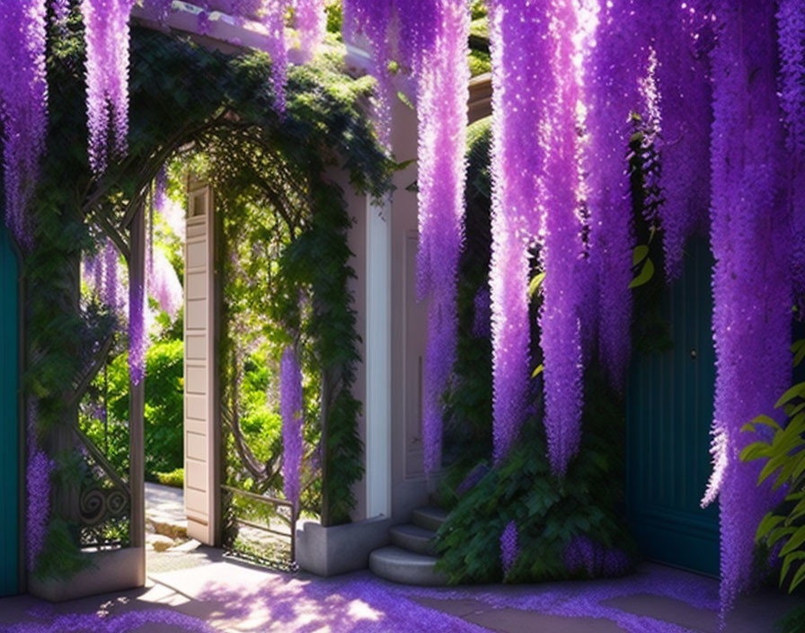 Vibrant purple wisteria garden archway under sunlight