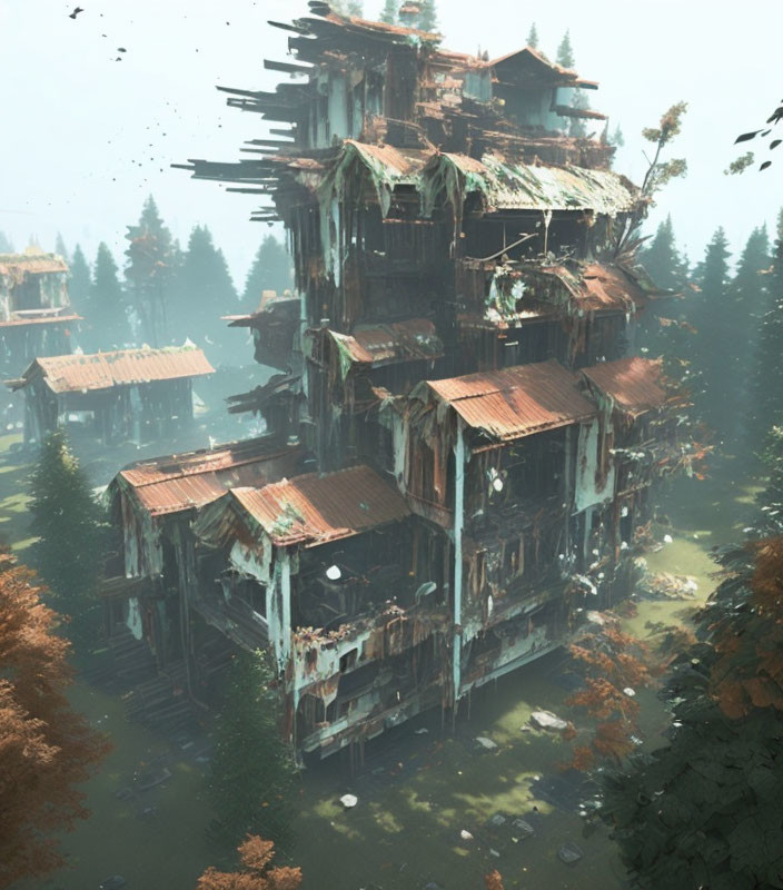 Decaying wooden structure in forest with multiple levels.