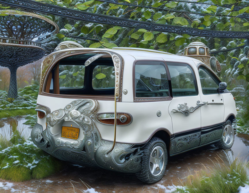 Custom-designed car with ornate embellishments in snowy garden