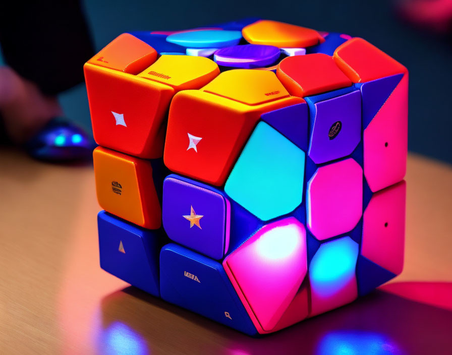 Colorful LED-lit hexagon puzzle with varied shapes on table