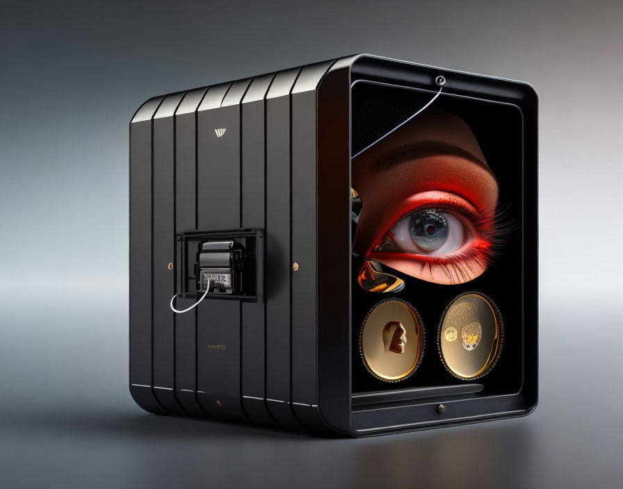 Eye Design Luxury Safe with Vibrant Red Makeup on Metallic Surface