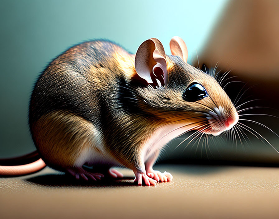 Striped mouse with large ears and glossy eyes standing on smooth surface