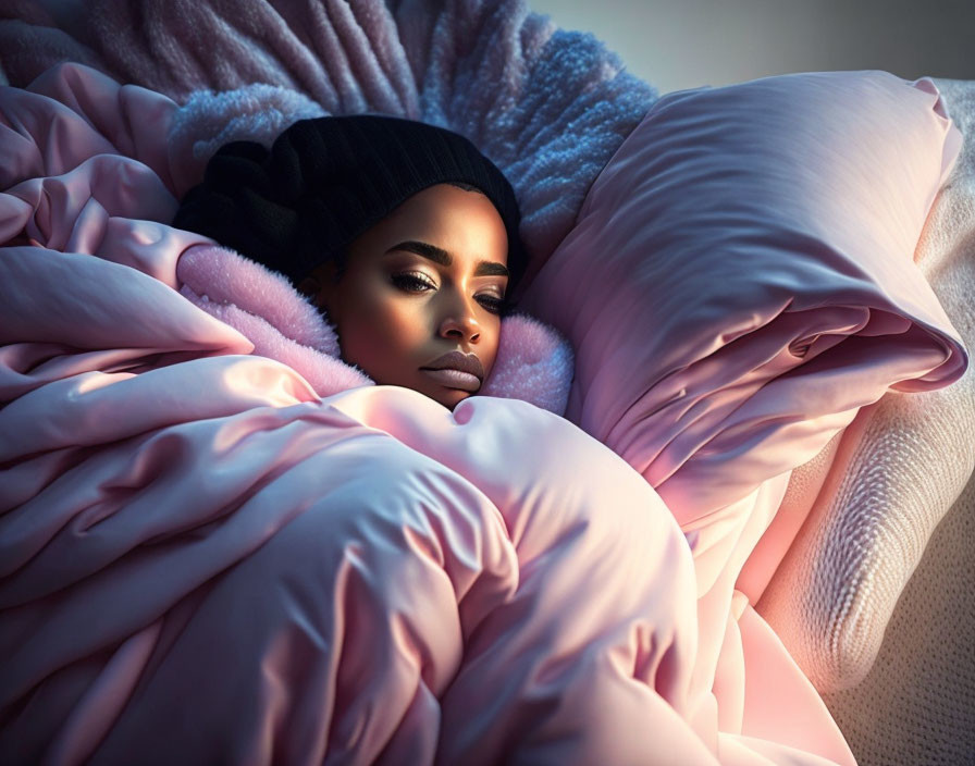 Woman in Black Beanie Resting on Soft Pink Bedding