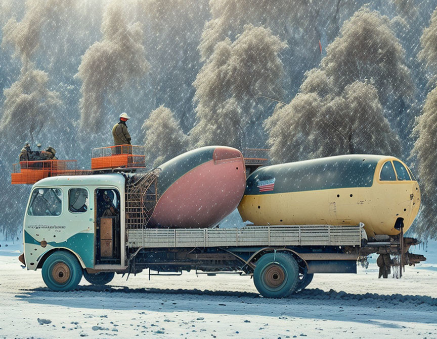 Vintage truck carrying aircraft fuselage in snow with two figures, barren trees.