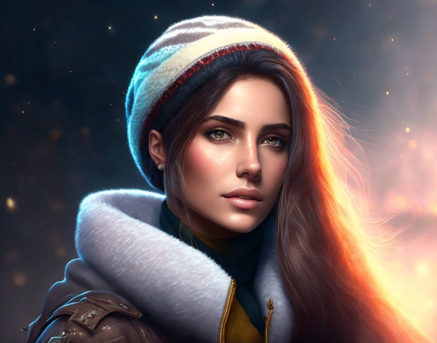 Digital portrait of woman in beanie and jacket under starry sky