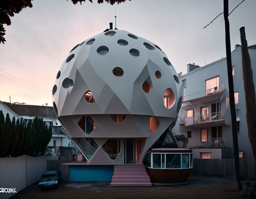 Unique spherical building with geometric facade among traditional houses at dusk