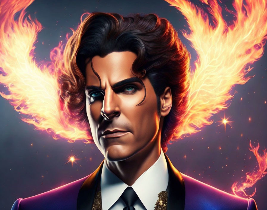Man with Blue Eyes and Fiery Wings in Black Suit - Illustrated Portrait
