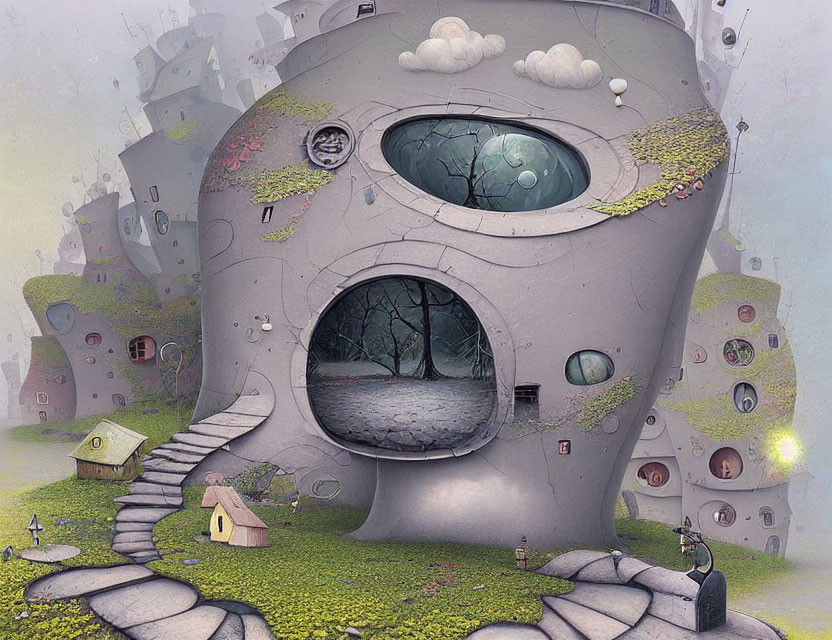 Surreal digital artwork: Faces, quirky houses, dreamlike landscape