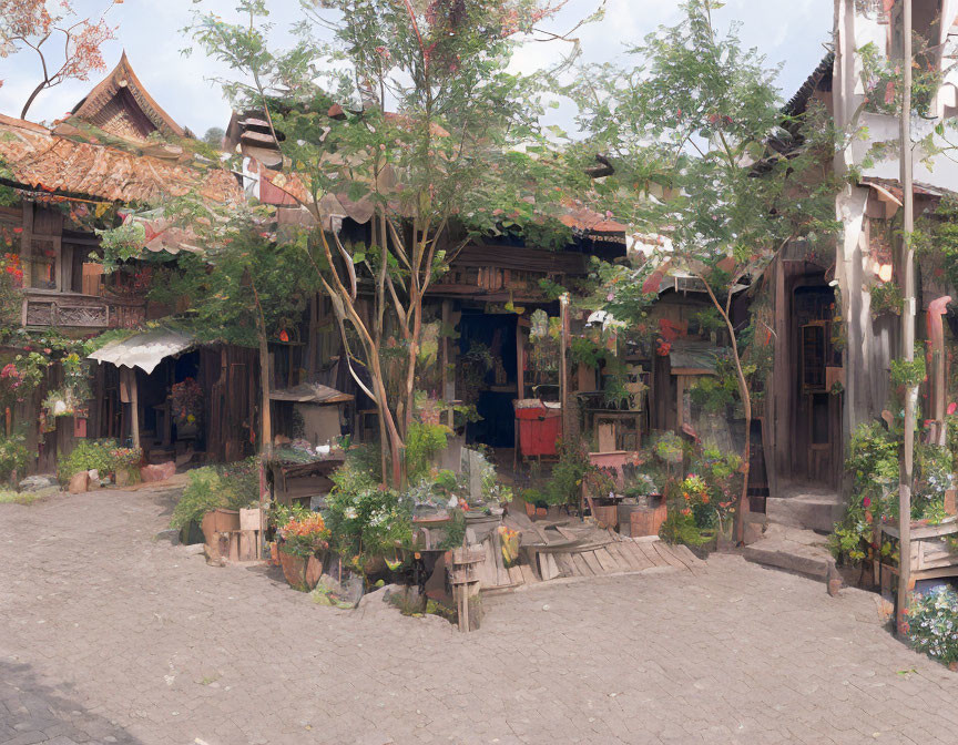 Traditional wooden buildings and trees in serene street scene