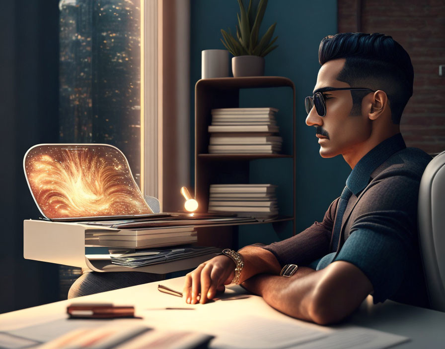 Stylish man with neat hairstyle and sunglasses at desk with laptop, books, and lamp