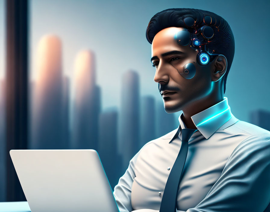 Futuristic cybernetic man with advanced headgear using laptop in office overlooking cityscape at dusk