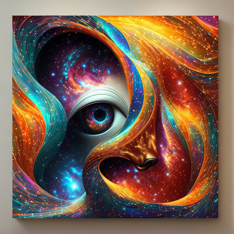 Abstract cosmic swirls and stars in vibrant hues of blue, orange, and gold.