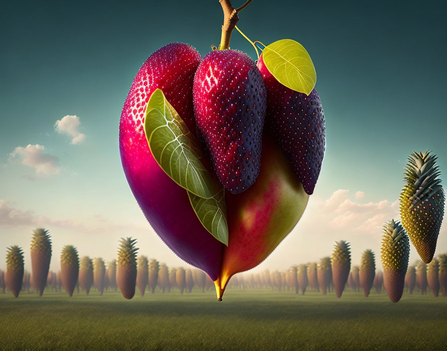 Heart-shaped fruit amalgamation in surreal fantasy landscape