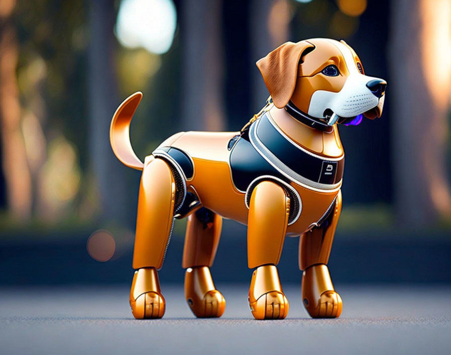 Futuristic robotic dog in gold and black on road