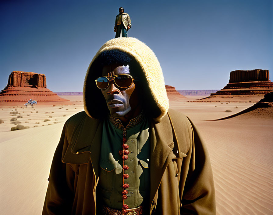 Person in fur-lined coat and sunglasses in desert with red rock formations and distant figure on ridge