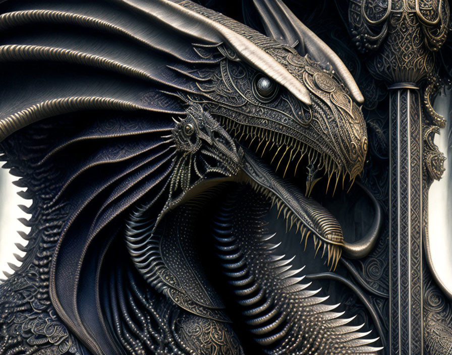 Detailed Dragon Head Sculpture with Scales, Horns, Sword Blade