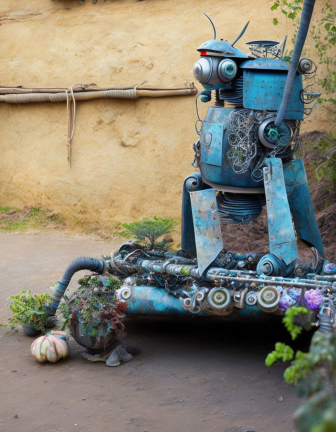 Metal robot sculpture with wires and gears against sandy wall with greenery and pumpkin