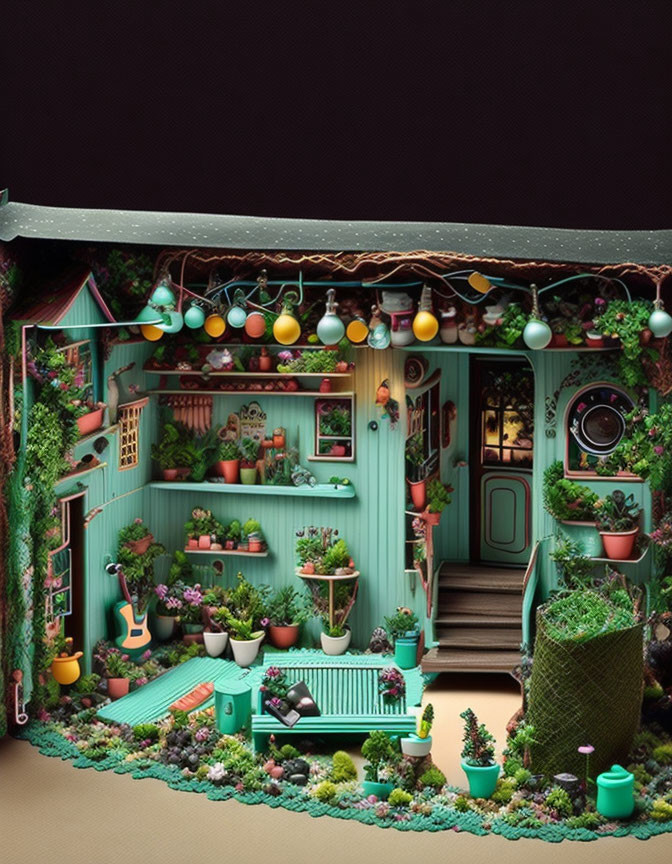 Whimsical Tiny House Interior with Greenery & Colorful Lights