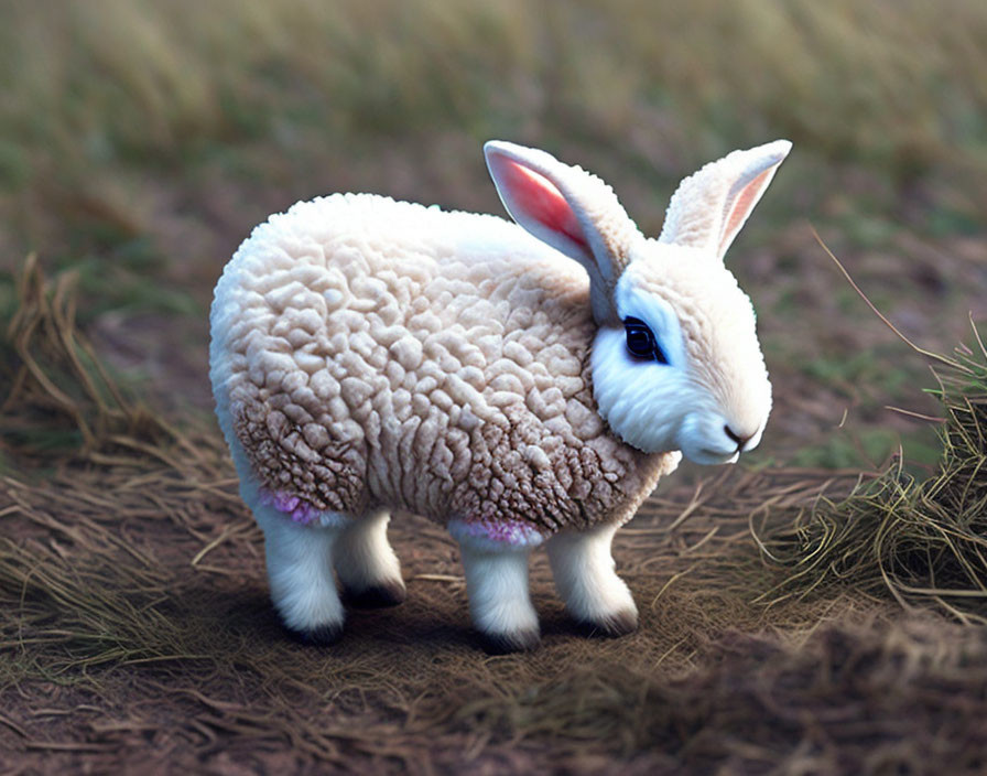 Sheep-bodied creature with rabbit head in field