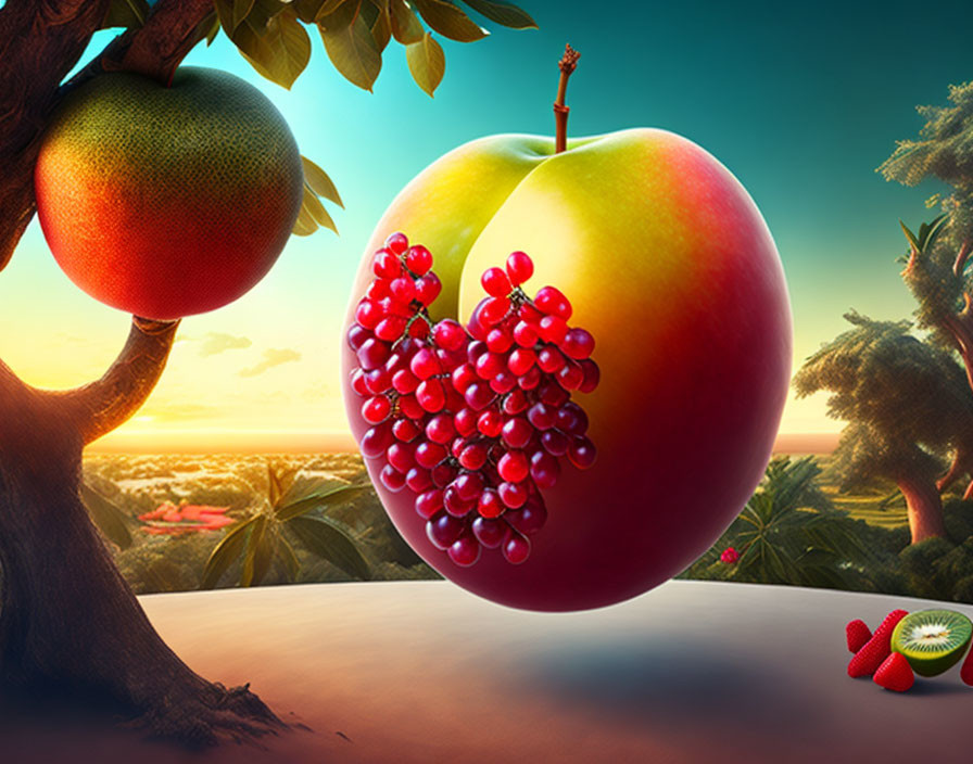 Surreal image of apple, grape, orange, and kiwi in sunset landscape