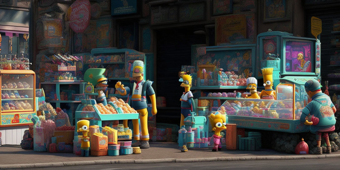 Vibrant animated marketplace with detailed stalls and "Simpsons" characters.