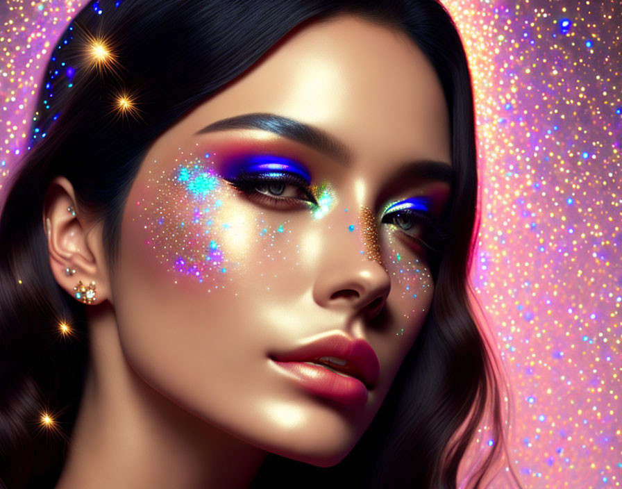 Vibrant galaxy-themed makeup on a woman against cosmic backdrop