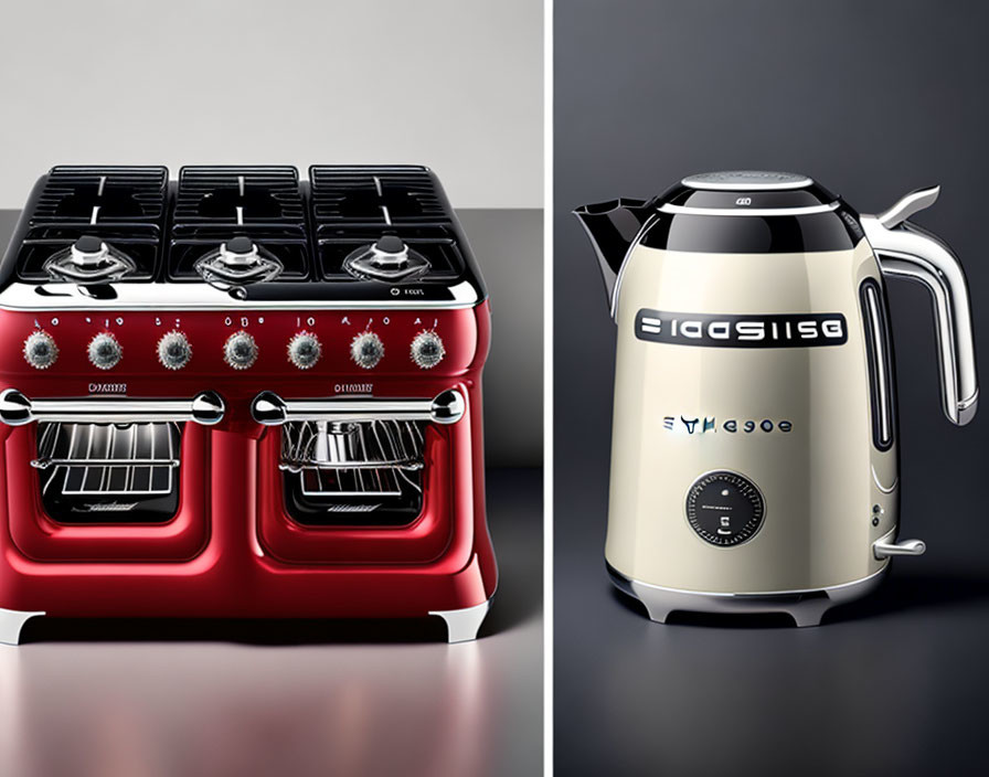 Red vintage gas stove and silver electric kettle on grey background