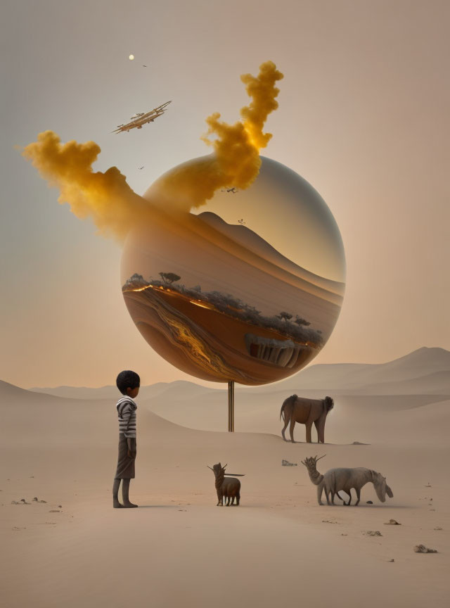 Child in desert views surreal floating sphere with fiery eruption, animals, and flying ship