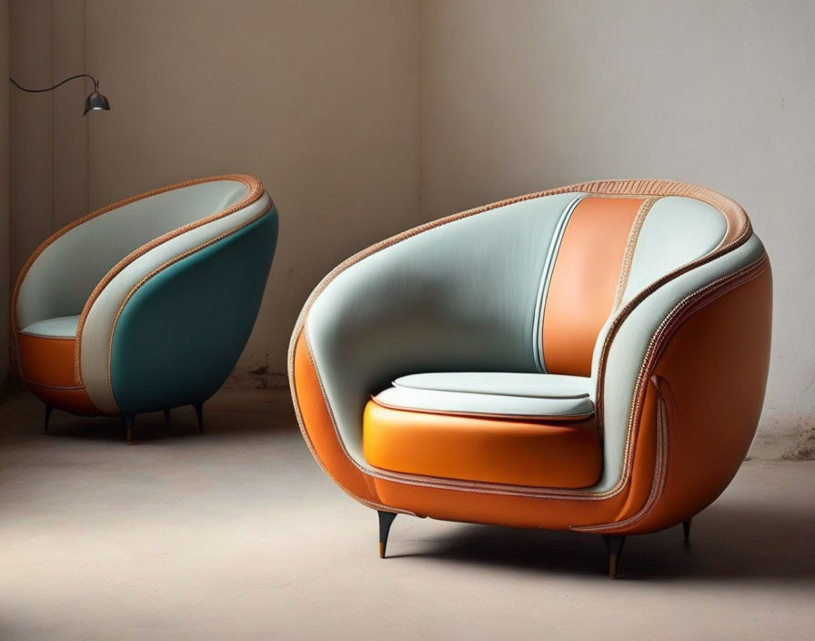 Stylish Modern Armchairs with Orange and Light Blue Upholstery