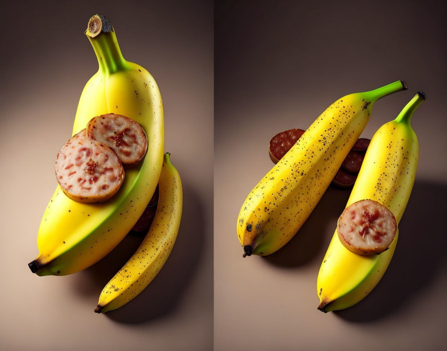 Bananas with Salami Slices on Neutral Background