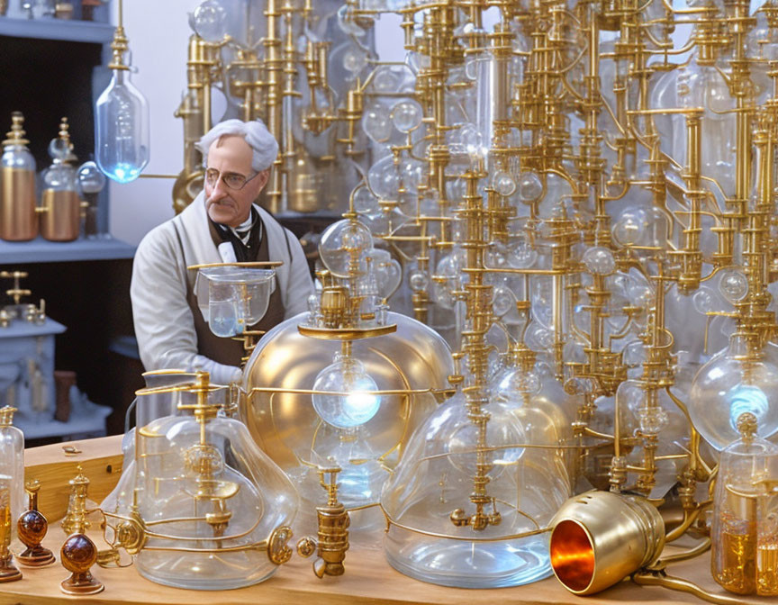 Shiny glass laboratory equipment with interconnected tubes and glowing flasks.