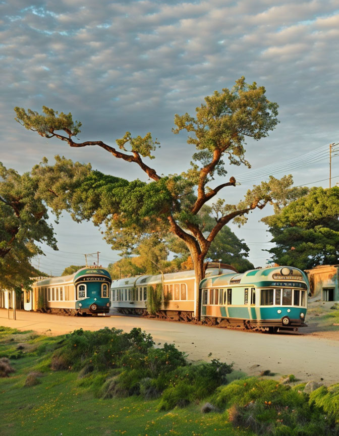 Vintage tram on lush track with large tree and pink sunset sky