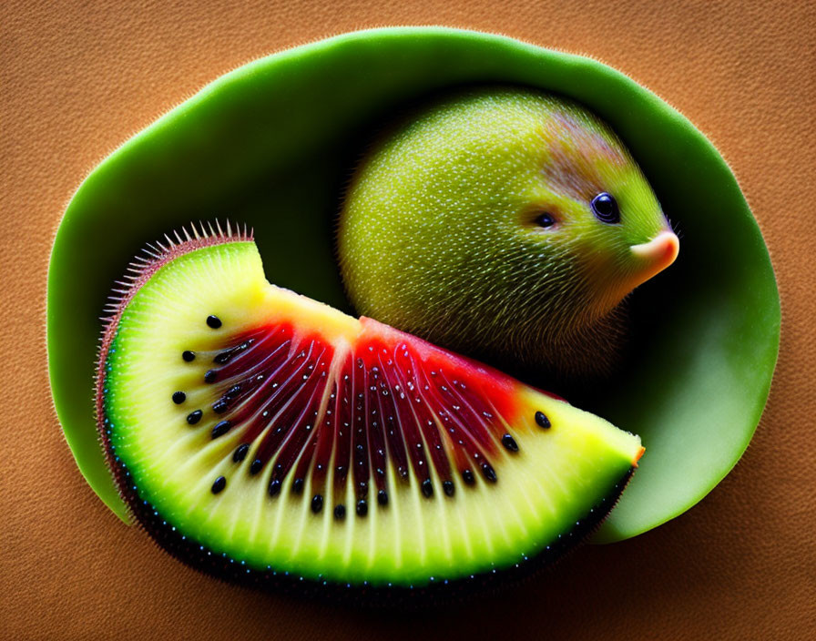 Kiwi fruit transformed into a kiwi bird with sliced piece on green plate against brown background.