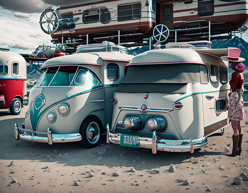 Vintage Attired Woman Admiring Classic Camper Vans on Sandy Lot