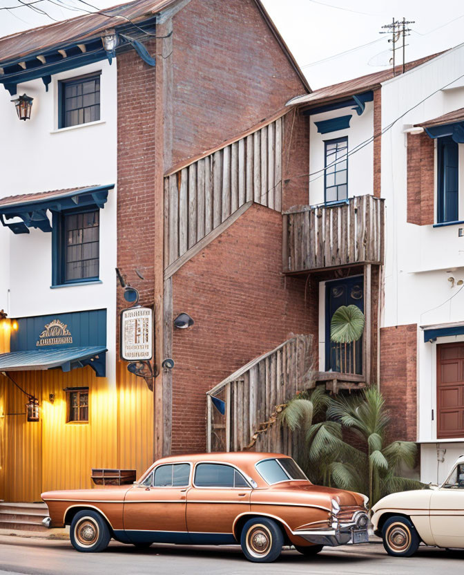 Vintage Car Parked Outside Brick Building with Wooden Staircase